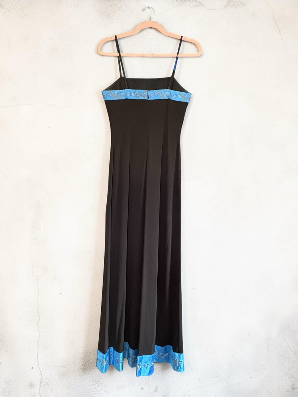 VTG Papell Boutique Evening Strapless Maxi Dress Size 6 Black W/ Blue Satin Trim - Picture 13 of 16